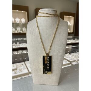 Vintage ST. JOHN Statement Necklace – Gold Tone Geometric Pendant Black Crystals